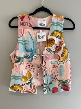 Paper Heart Novelty Print Linen Vest Fruit Size Medium NWT